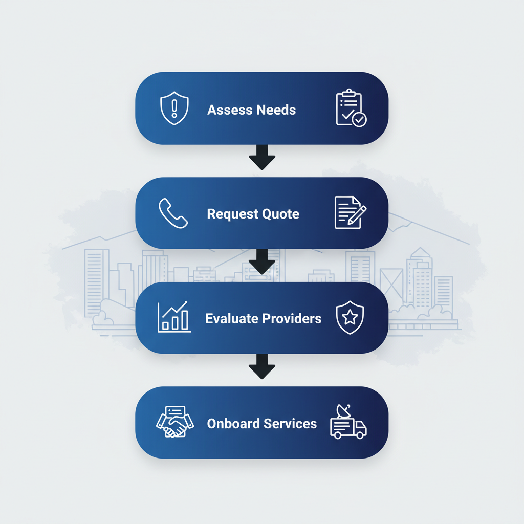 Vertical process flow diagram illustrating four steps to start security services in Vancouver with icons and arrows.