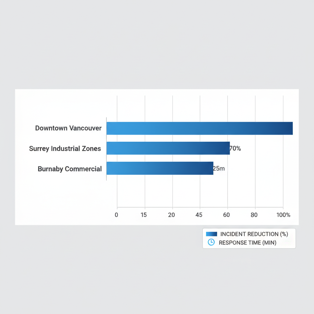 Horizontal bar chart showing security risk mitigation percentages in Vancouver areas including Downtown, Surrey, and Burnaby.