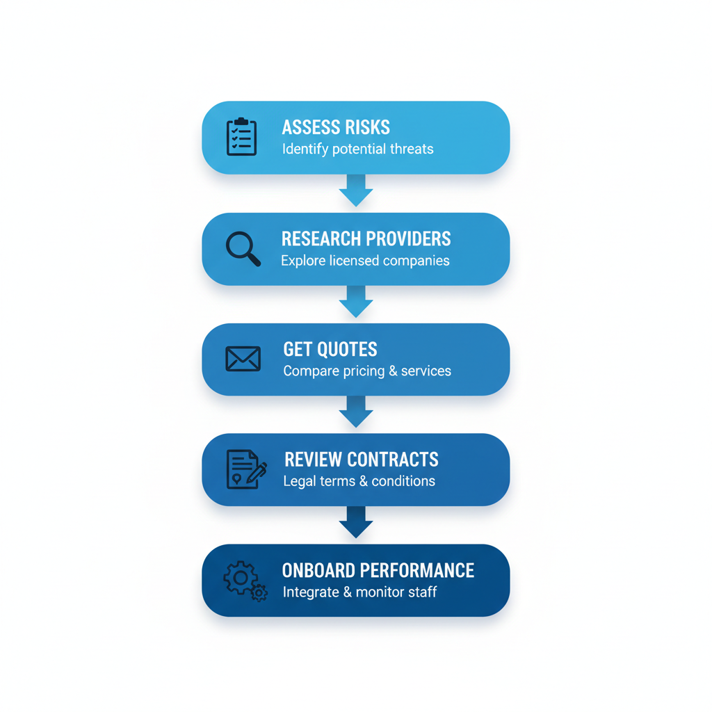 Vertical process flow diagram illustrating five steps to hire security services in Vancouver, featuring icons for risk assessment, research, quotes, contracts, and onboarding.