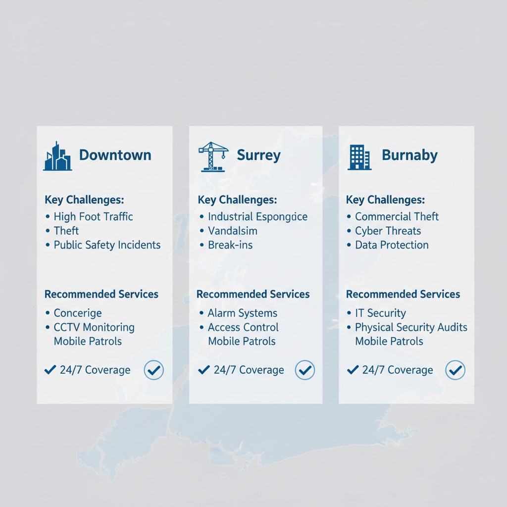 Infographic comparing security challenges, services, and 24/7 coverage needs across Downtown Vancouver, Surrey, and Burnaby areas with icons and bullet points.