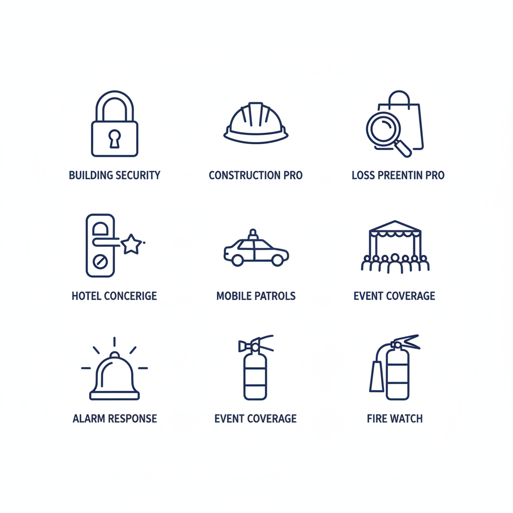 Set of eight flat outline icons depicting security services including building security, construction protection, and more for Vancouver properties