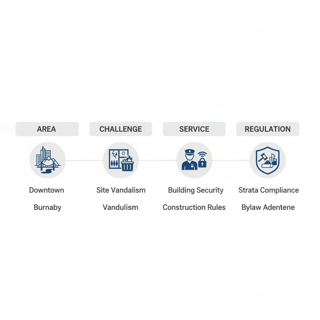 Infographic table comparing security challenges, services, and regulations in Downtown Vancouver, Surrey, and Burnaby areas