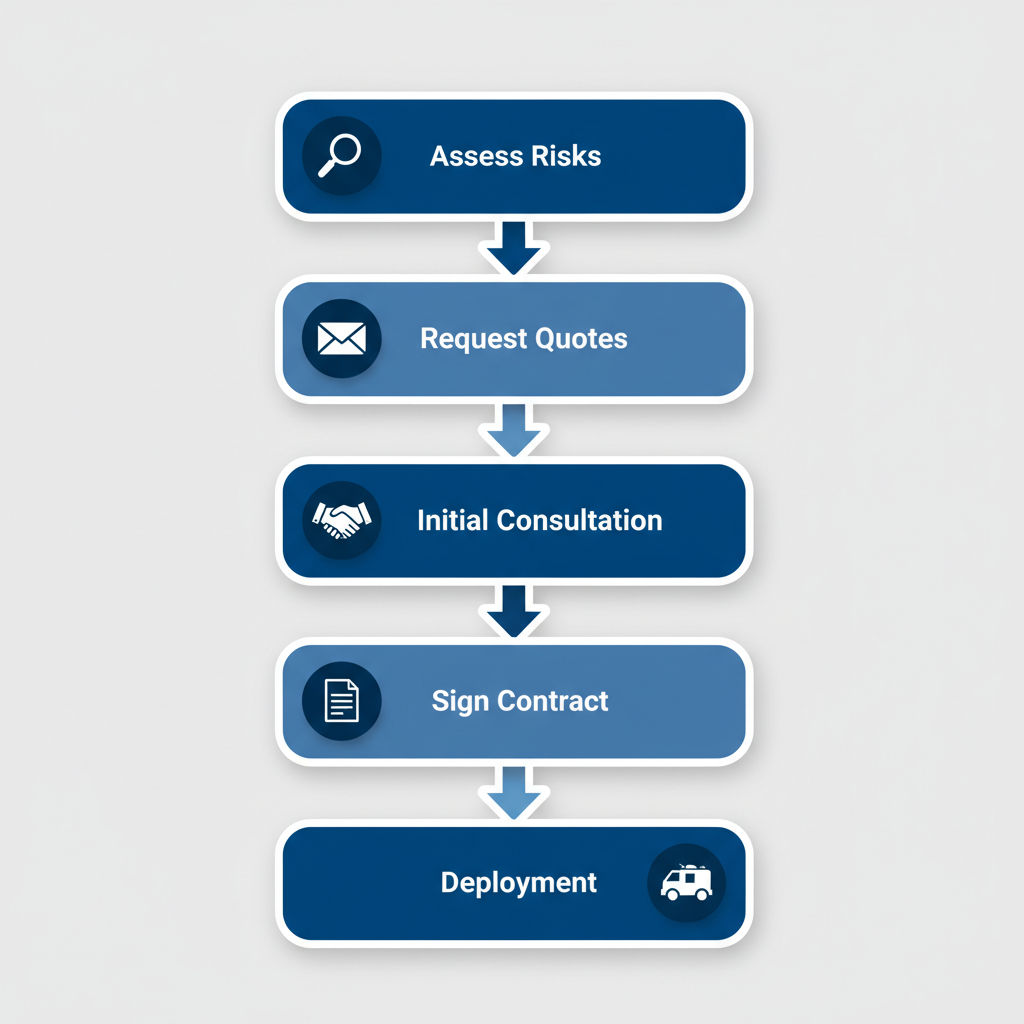Vertical process flow diagram illustrating the five steps to hire a security guard company in Vancouver, from risk assessment to deployment.