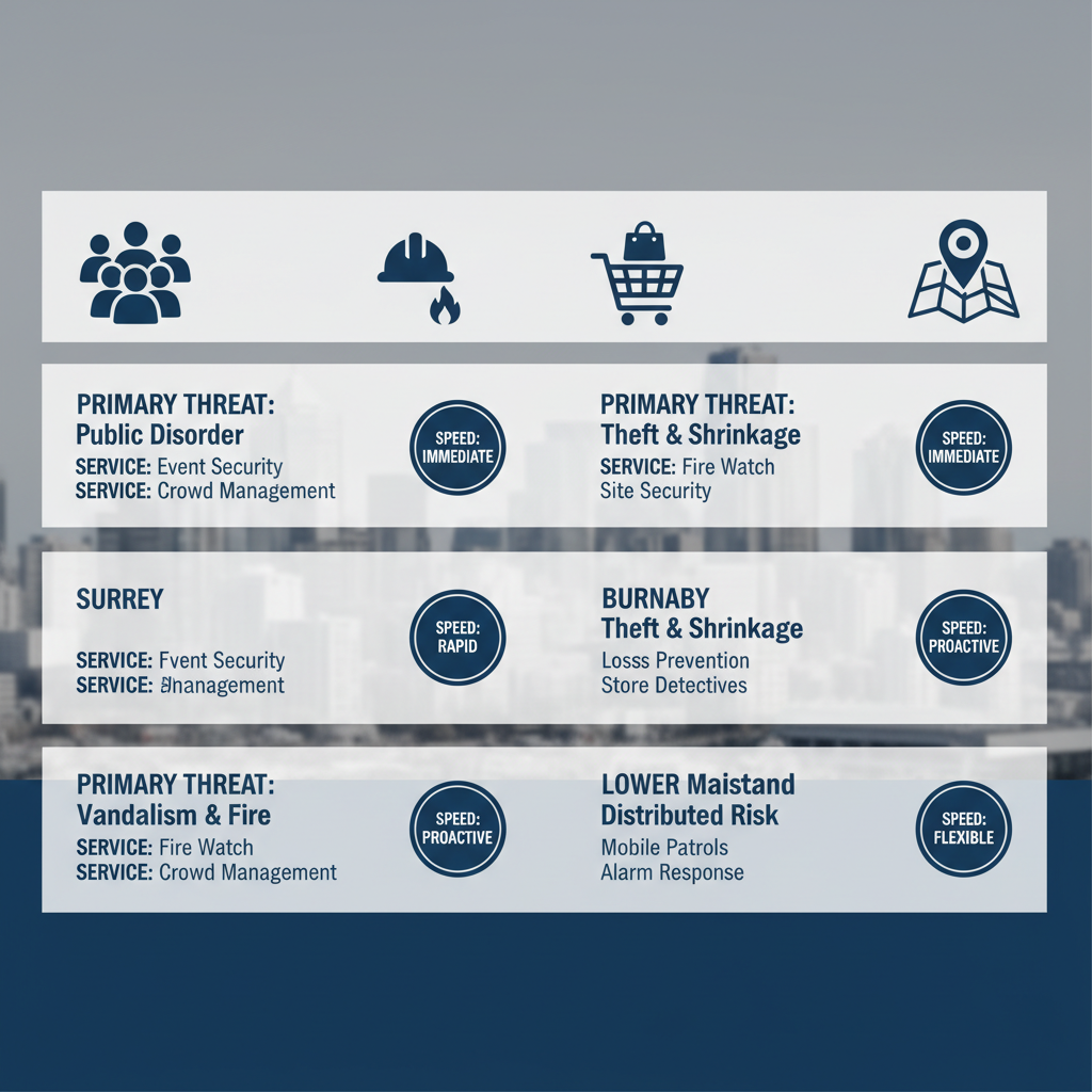 Infographic showing security challenges and Regent Security services in Vancouver areas: Downtown events, Surrey fire watch, Burnaby loss prevention, Lower Mainland patrols.