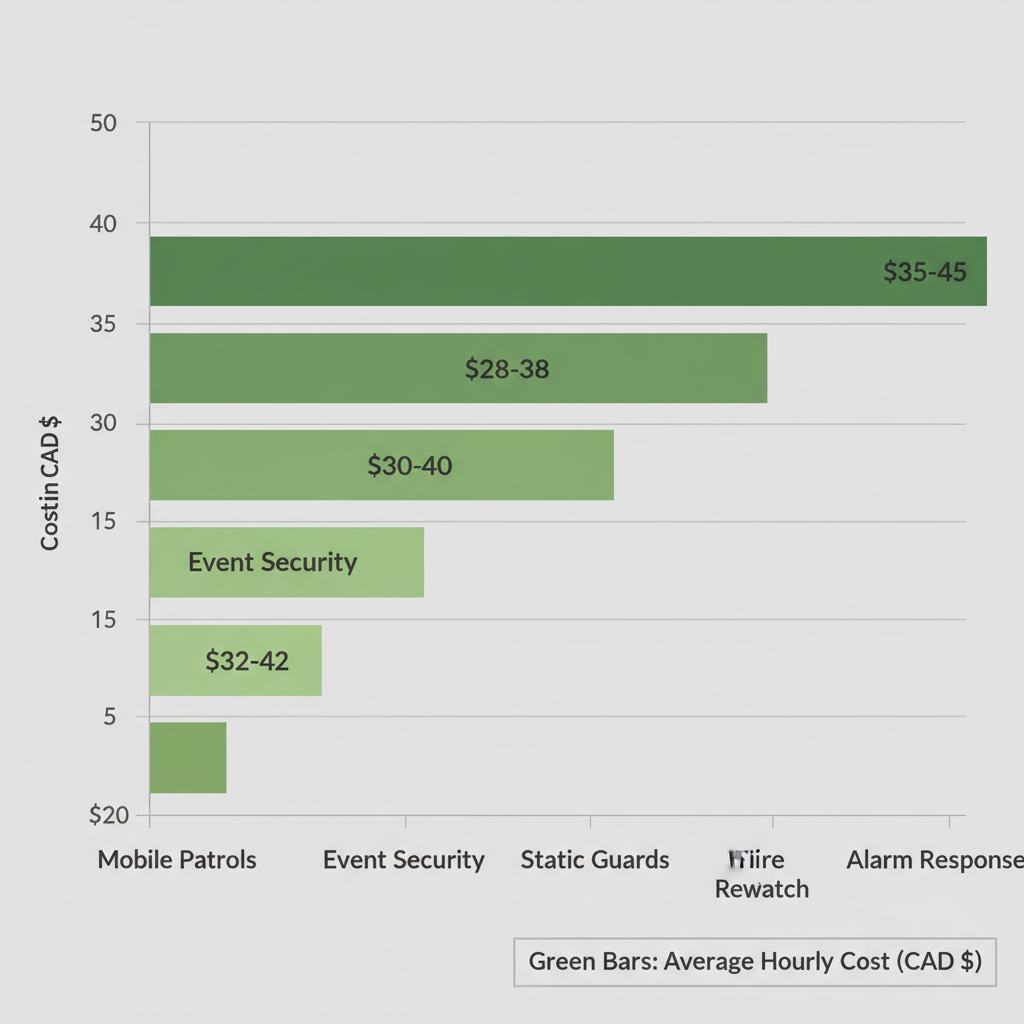 Horizontal bar chart comparing estimated hourly costs for security services including mobile patrols, event security, static guards, fire watch, and alarm response in Vancouver, with costs ranging from $20 to $50 CAD.