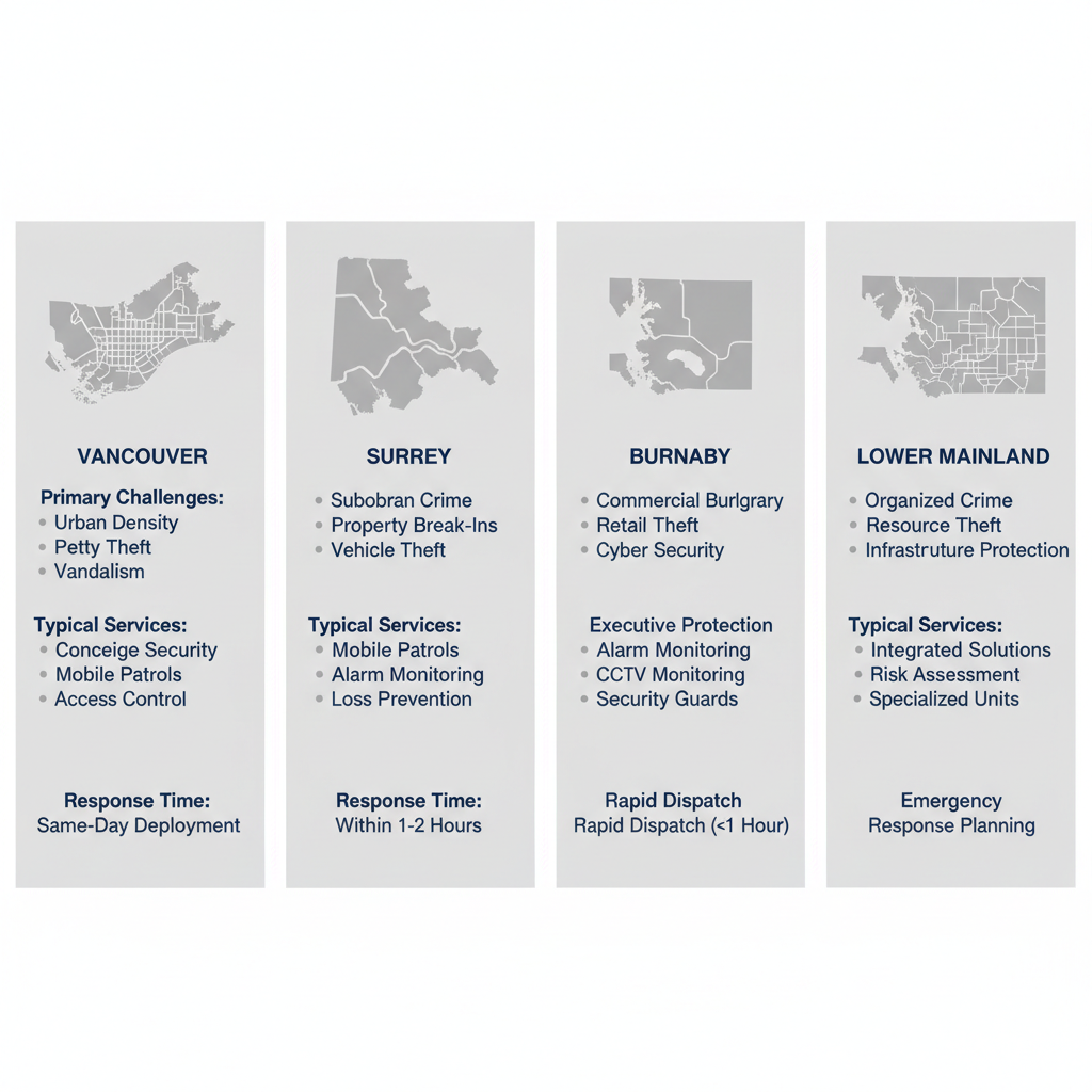 Infographic comparing security challenges, services, and response times across Vancouver, Surrey, Burnaby, and Lower Mainland areas