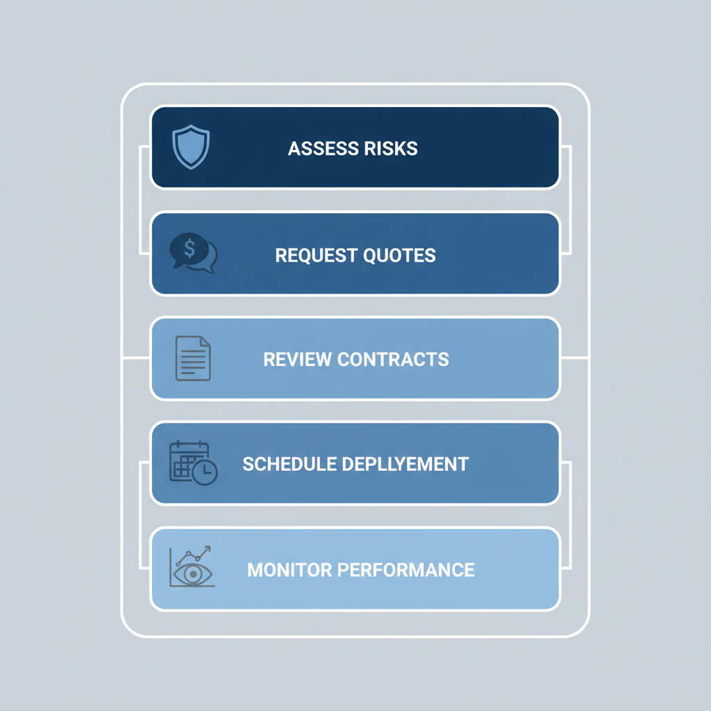 Process flow diagram illustrating five key steps to hire security guards in Vancouver, from risk assessment to performance monitoring.