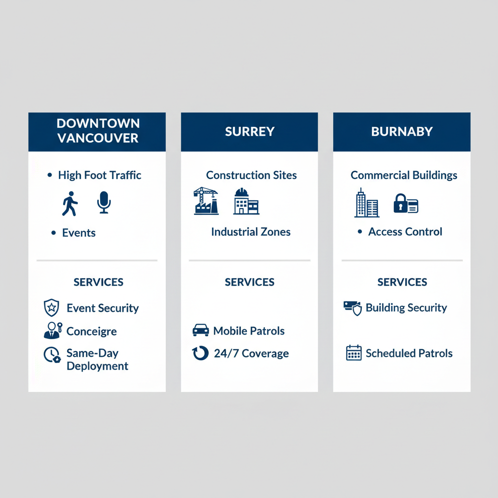 Infographic comparing security challenges and services in Downtown Vancouver, Surrey, and Burnaby areas