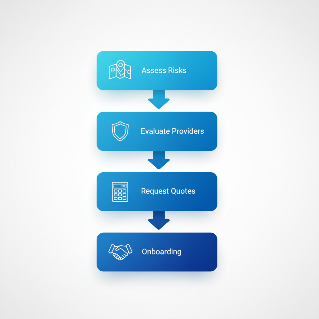 Vertical process flow diagram showing steps to initiate security services in Vancouver: assess risks with map icon, evaluate providers with badge, request quotes with calculator, and onboarding with handshake.