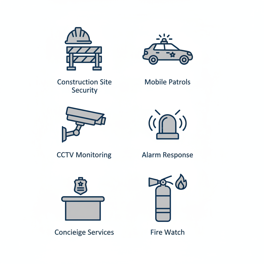 Grid of icons depicting security services: construction site, mobile patrols, CCTV monitoring, alarm response, concierge, and fire watch.