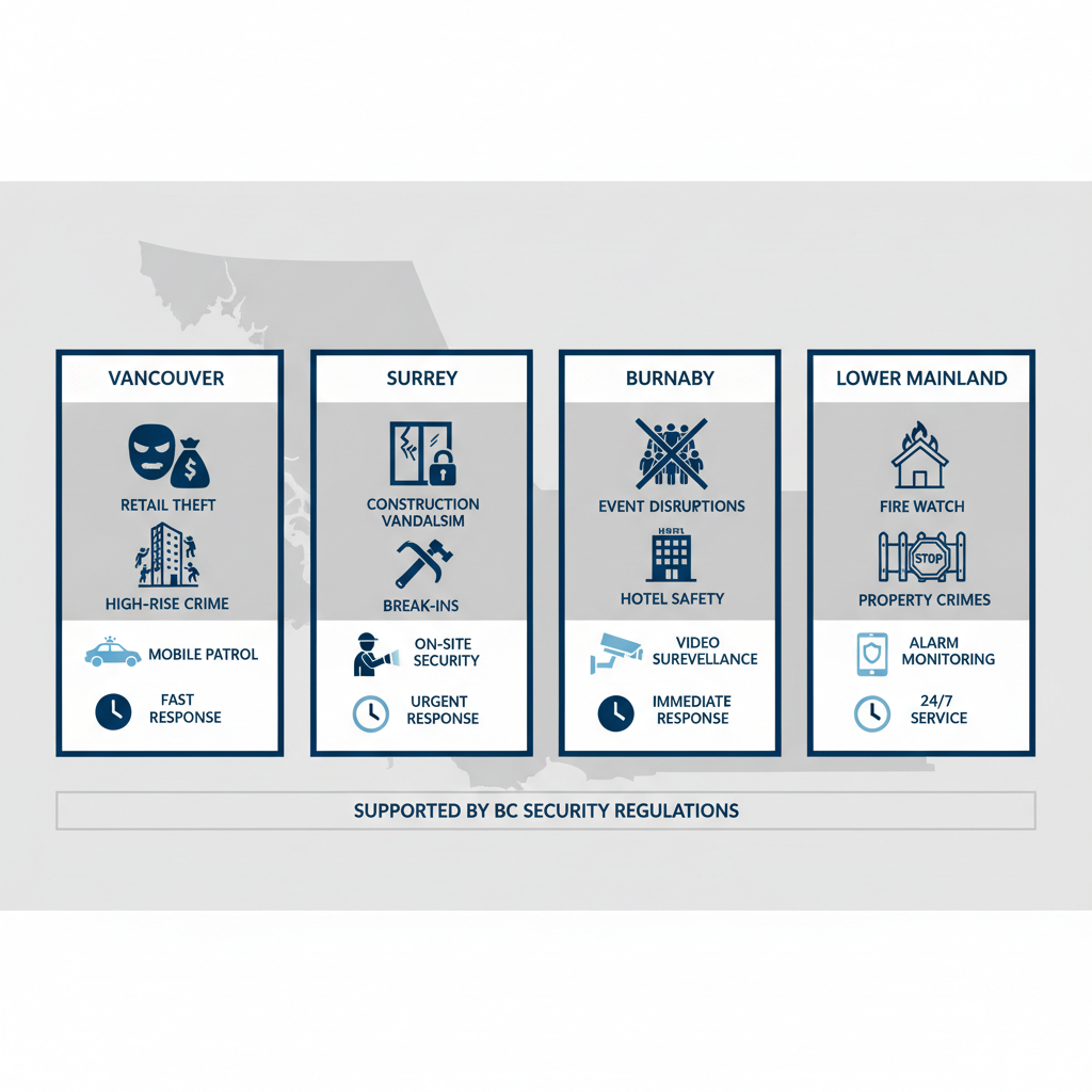 Infographic depicting security threats, services, and response times across Vancouver, Surrey, Burnaby, and Lower Mainland areas.
