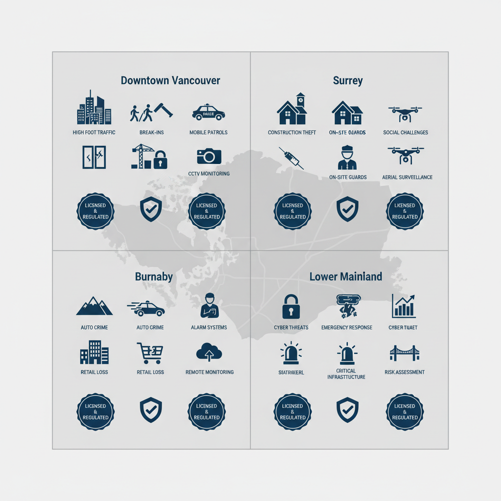 Infographic depicting security challenges and services across Vancouver areas with icons for Downtown, Surrey, Burnaby, and Lower Mainland
