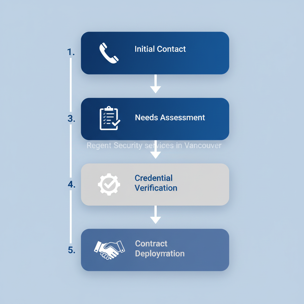 Vertical process flow diagram outlining steps to engage security services in Vancouver with icons and labels