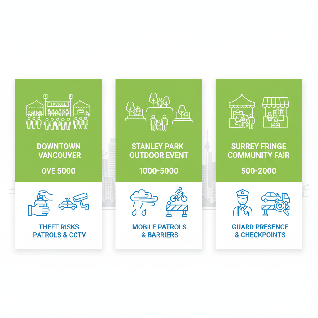 Infographic illustrating security needs for Vancouver events in Downtown, Stanley Park, and Surrey areas.