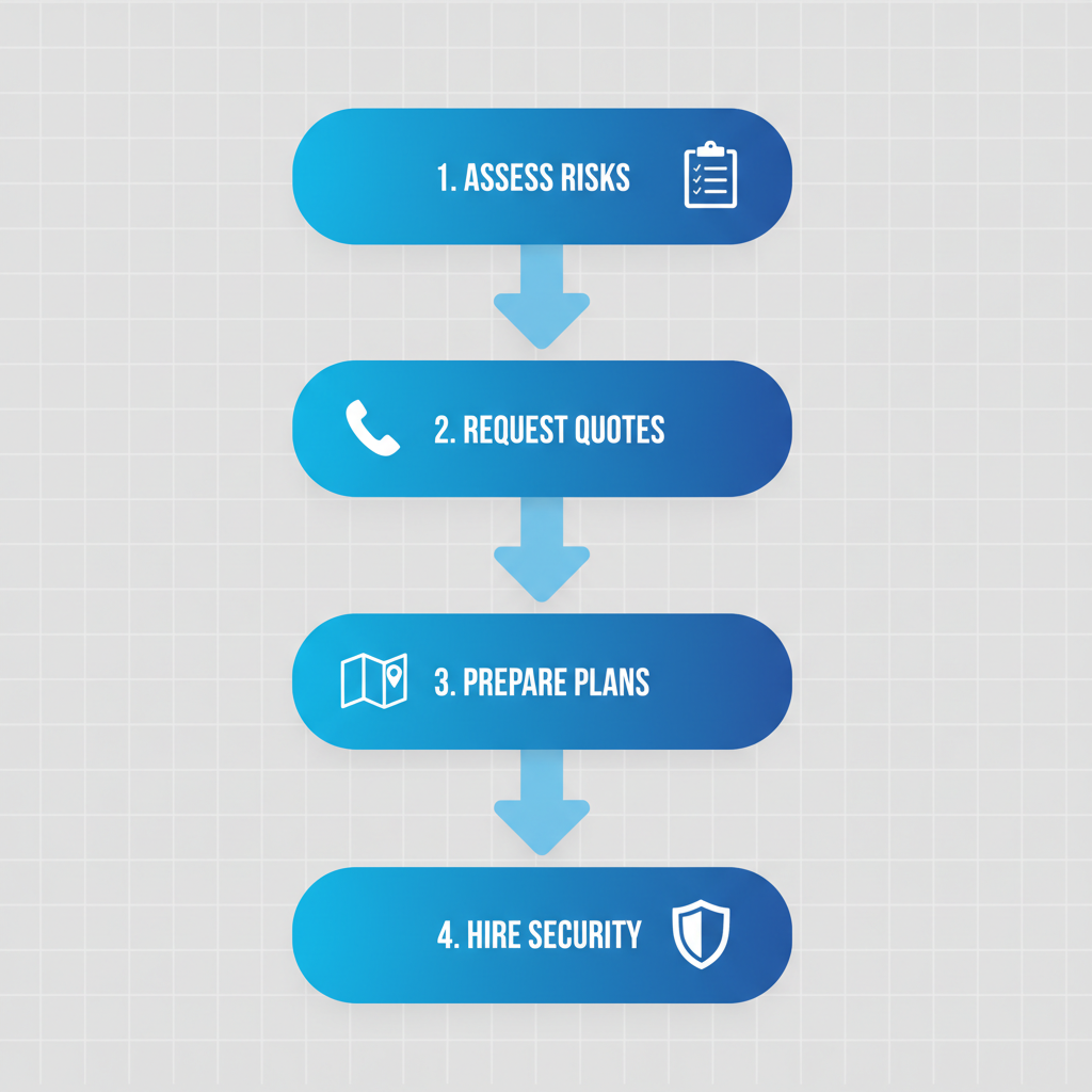 Vertical process flow diagram illustrating four stages to start event security in Vancouver: assess risks, request quotes, prepare plans, and hire security with relevant icons.