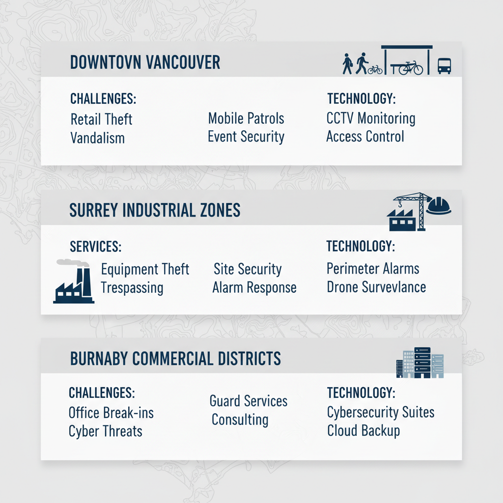 Infographic illustrating security needs and solutions across Vancouver regions: Downtown, Surrey, and Burnaby.