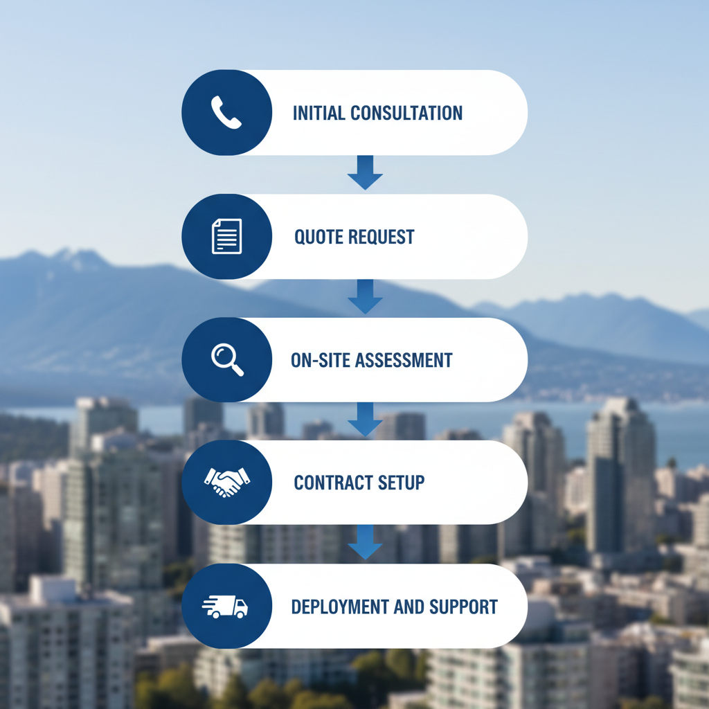 Vertical process flow diagram illustrating five steps to engage security services: initial consultation, quote request, on-site assessment, contract setup, and deployment with support.