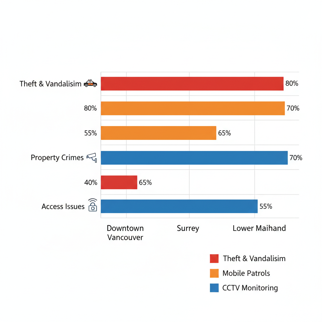 Horizontal bar chart comparing security challenges and risks in Downtown Vancouver, Surrey, Burnaby, and Lower Mainland areas with color-coded bars and service icons.