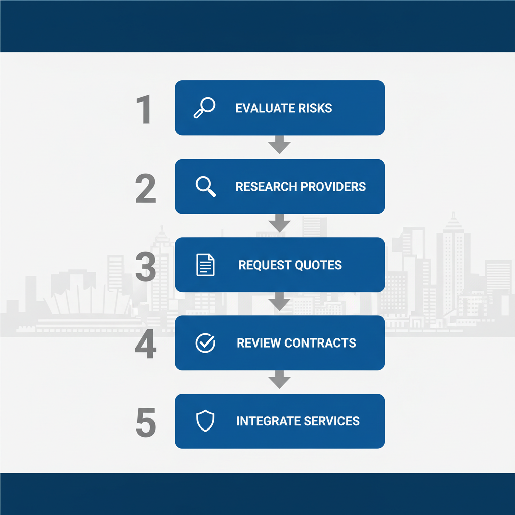 Vertical process flow diagram illustrating five steps to implement security for Vancouver properties with icons and arrows