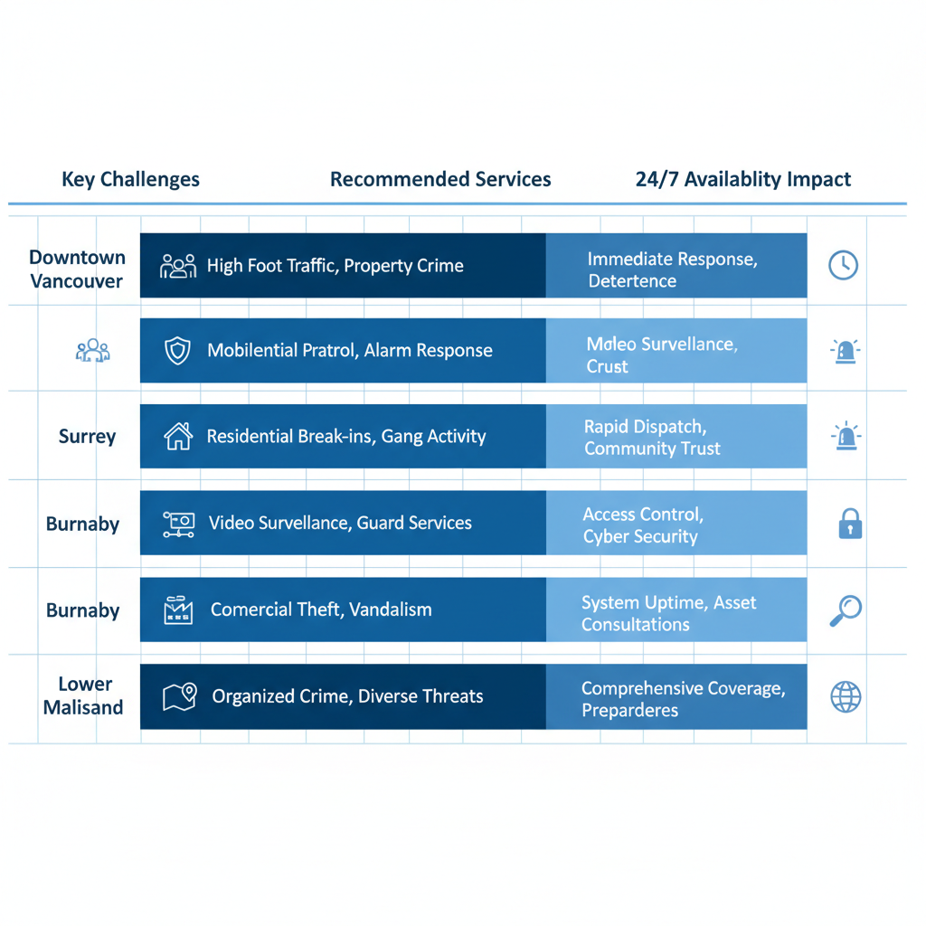 Horizontal bar chart comparing security needs across Vancouver areas: Downtown, Surrey, Burnaby, and Lower Mainland.
