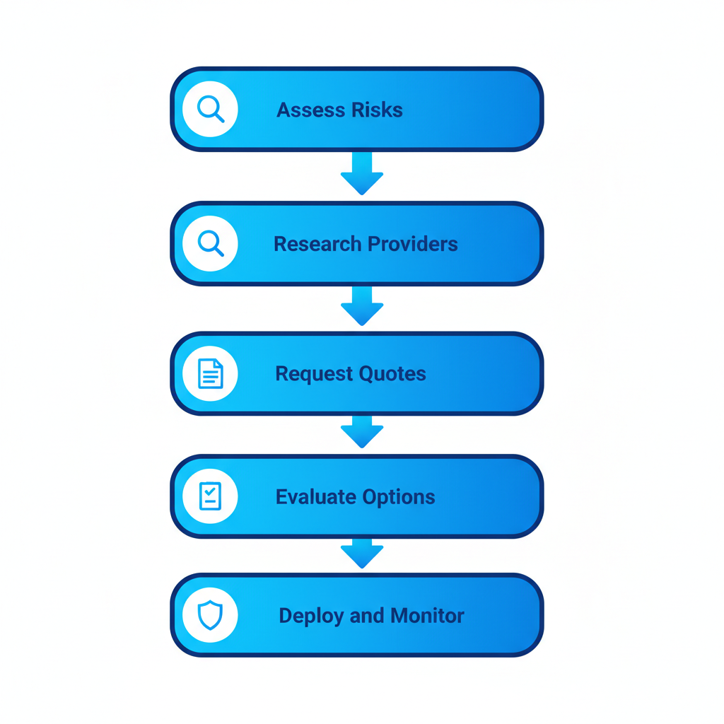 Vertical process flow diagram showing five steps to secure property in Vancouver: assess risks, research providers, request quotes, evaluate options, deploy and monitor.