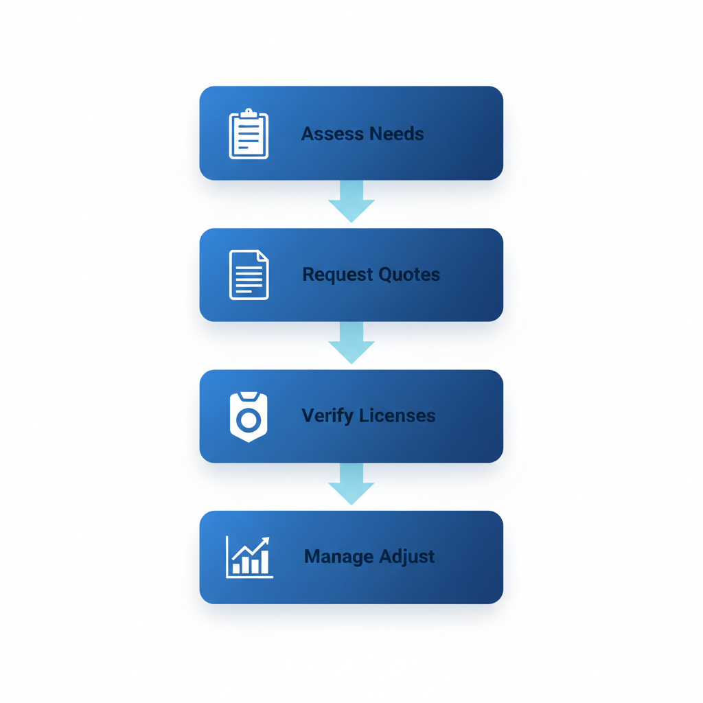 Vertical process flow diagram illustrating five steps to hire security guards, featuring icons and labels in blue tones.