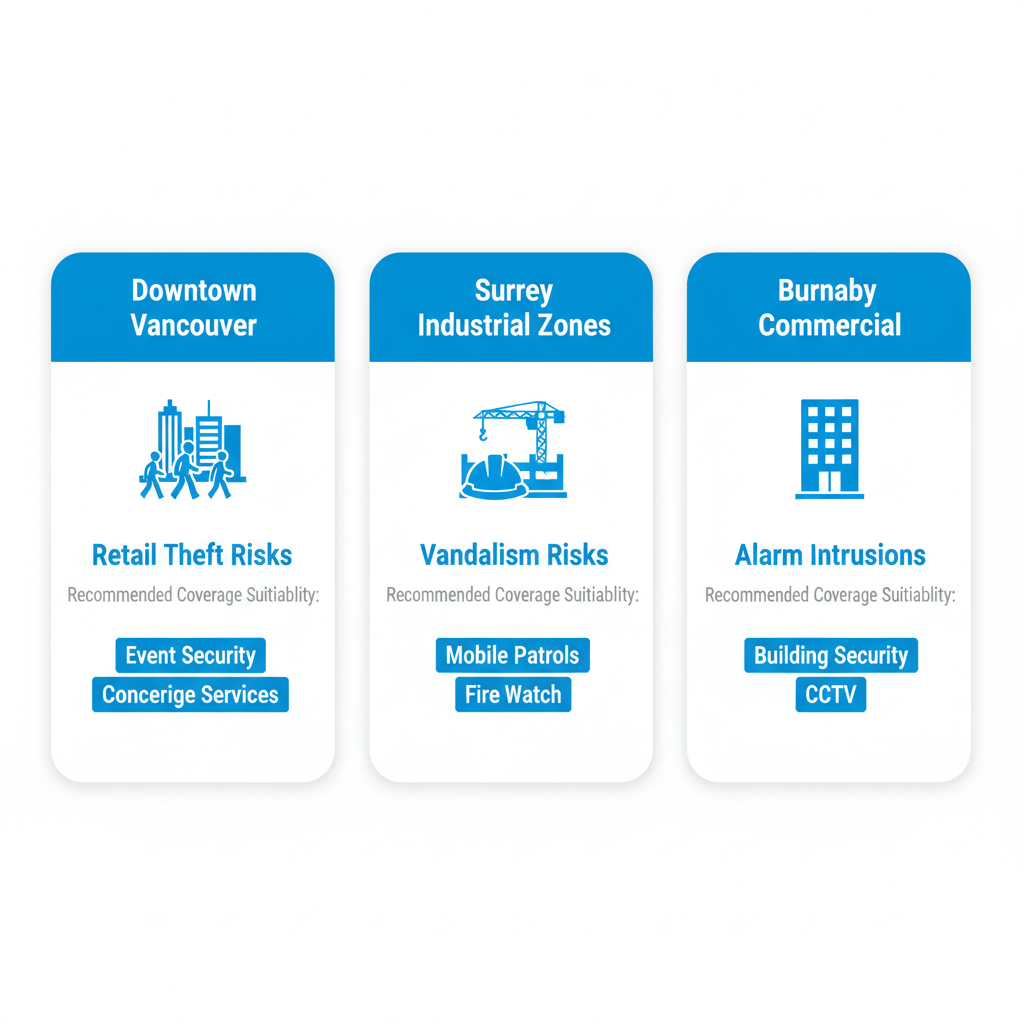 Three-column infographic illustrating security risks and recommended services for Downtown Vancouver, Surrey industrial zones, and Burnaby commercial areas.