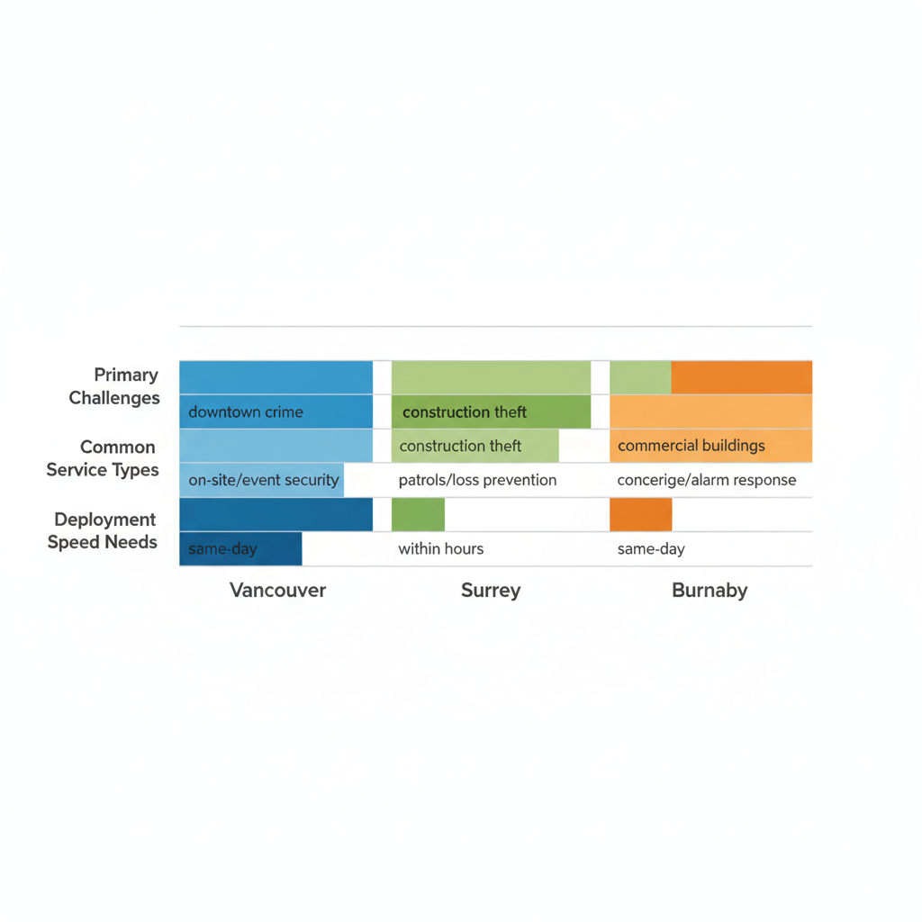 Horizontal bar chart comparing security challenges, service types, and deployment needs across Vancouver, Surrey, and Burnaby.