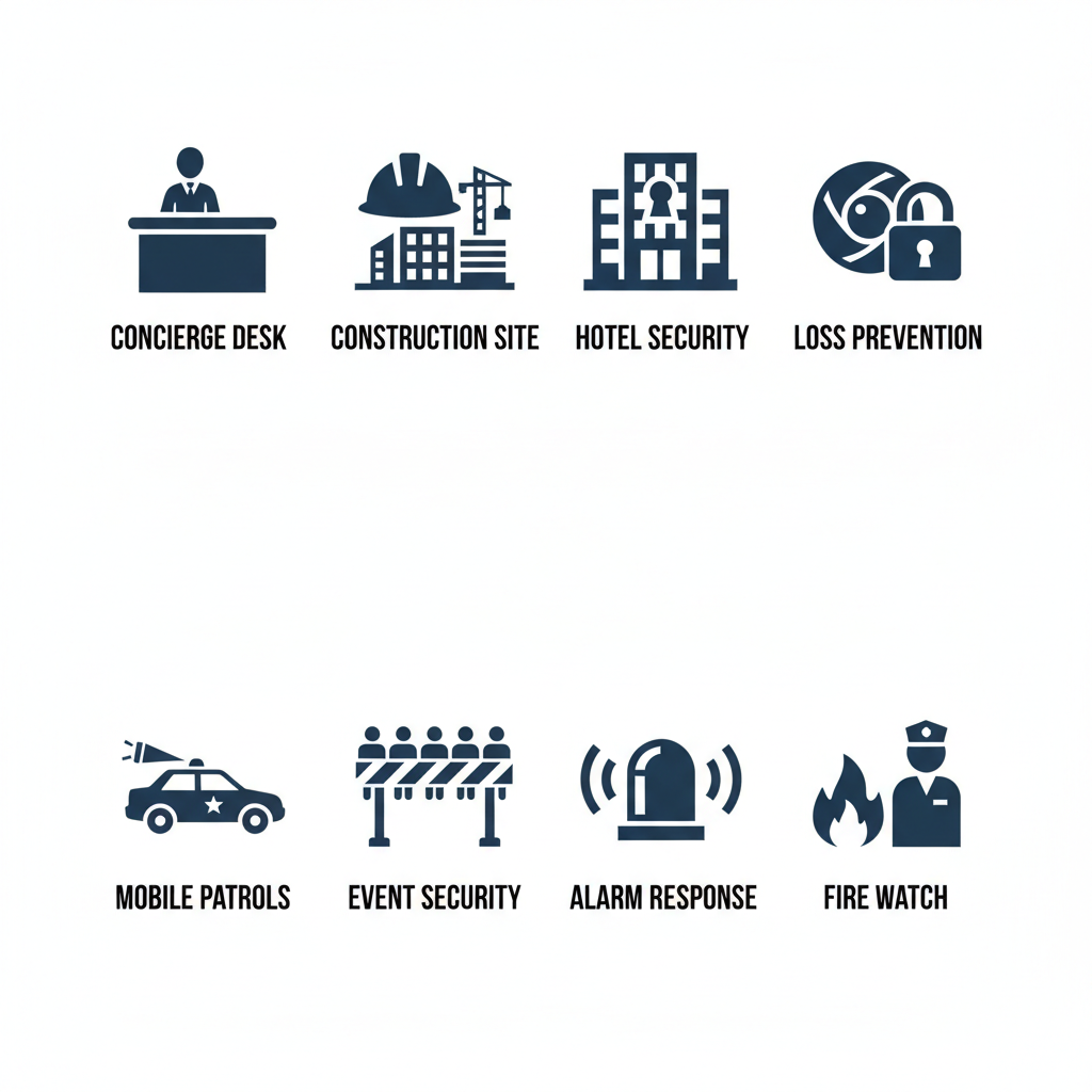 Grid of 8 flat icons representing Regent Security's services: concierge, construction, hotel, loss prevention, mobile patrols, event security, alarm response, and fire watch.