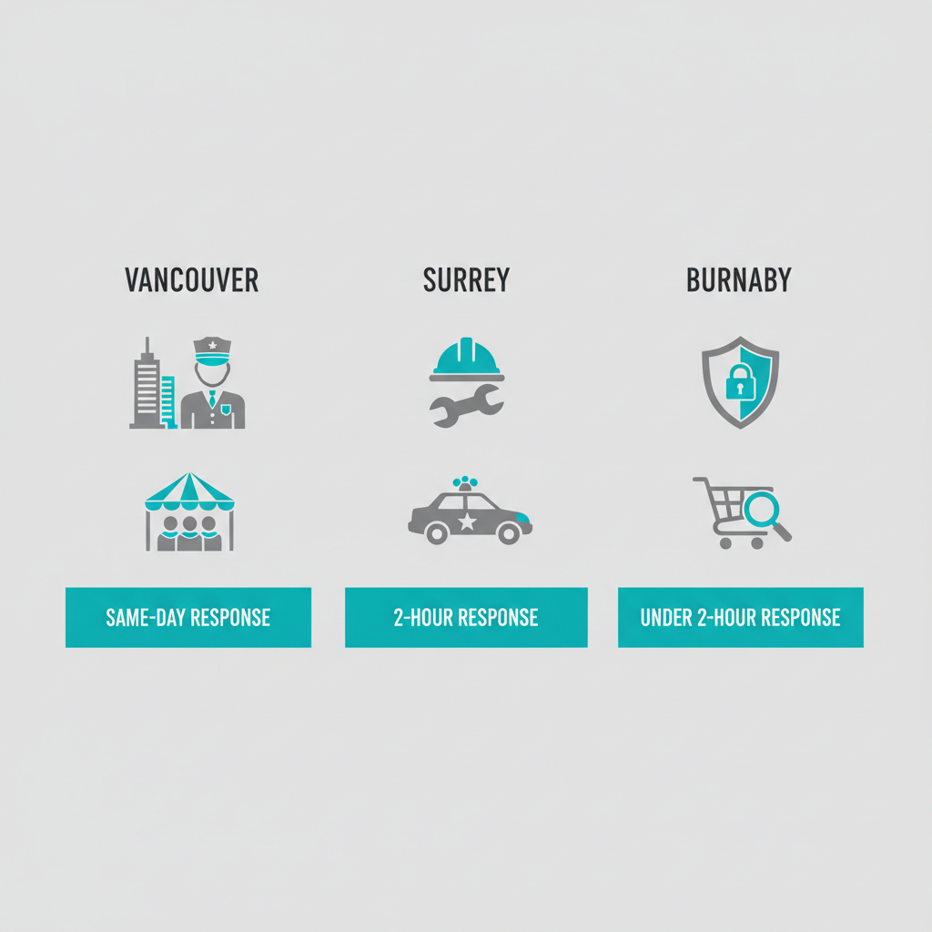 Infographic comparing security services, response times, and coverage icons for Vancouver, Surrey, and Burnaby.