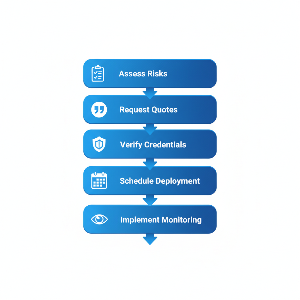 Vertical process flow diagram illustrating the five key steps to hire security guards in Vancouver, from assessing risks to implementing monitoring.
