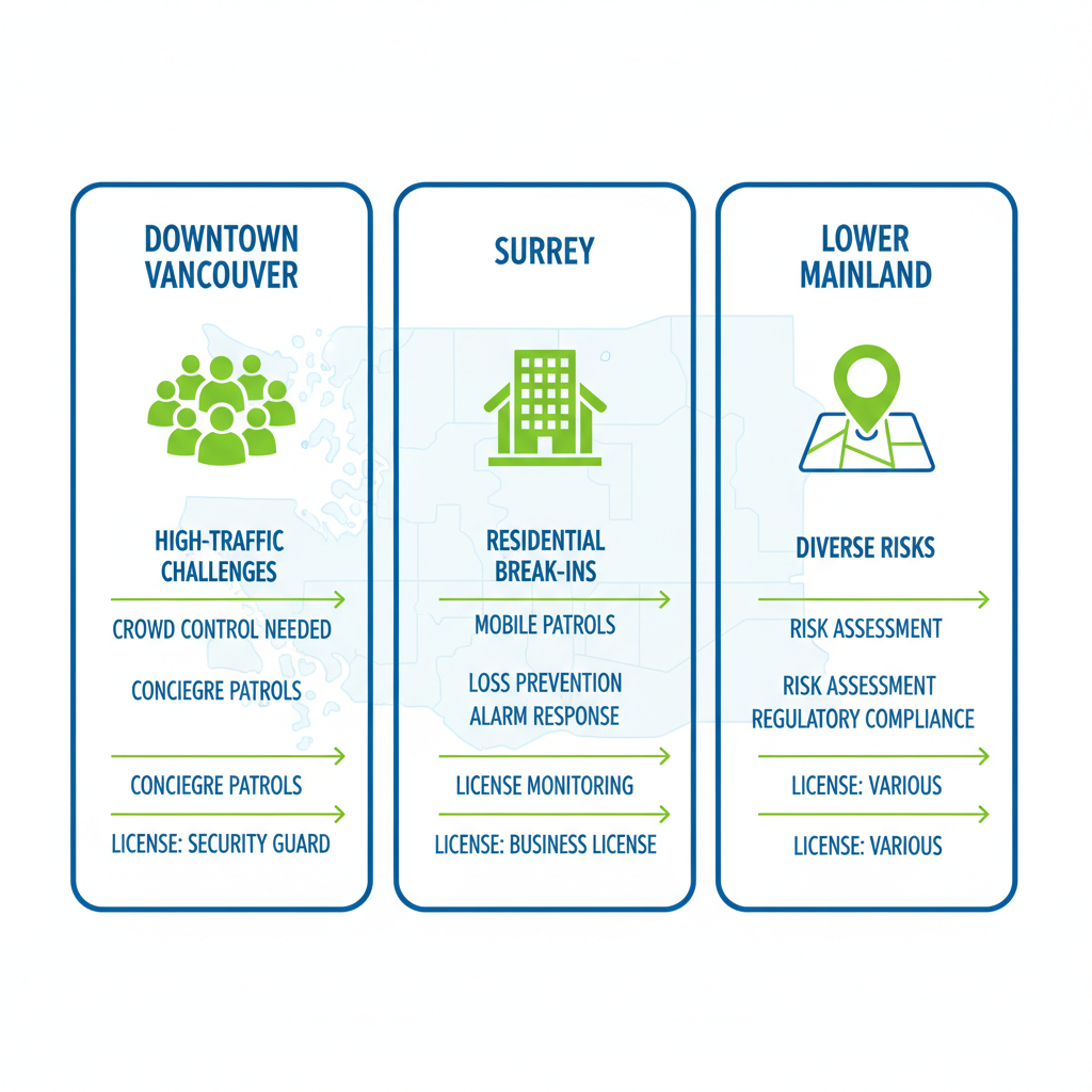 Infographic comparing security challenges and services in Downtown Vancouver, Surrey, Burnaby, and Lower Mainland areas, with icons and minimal labels.