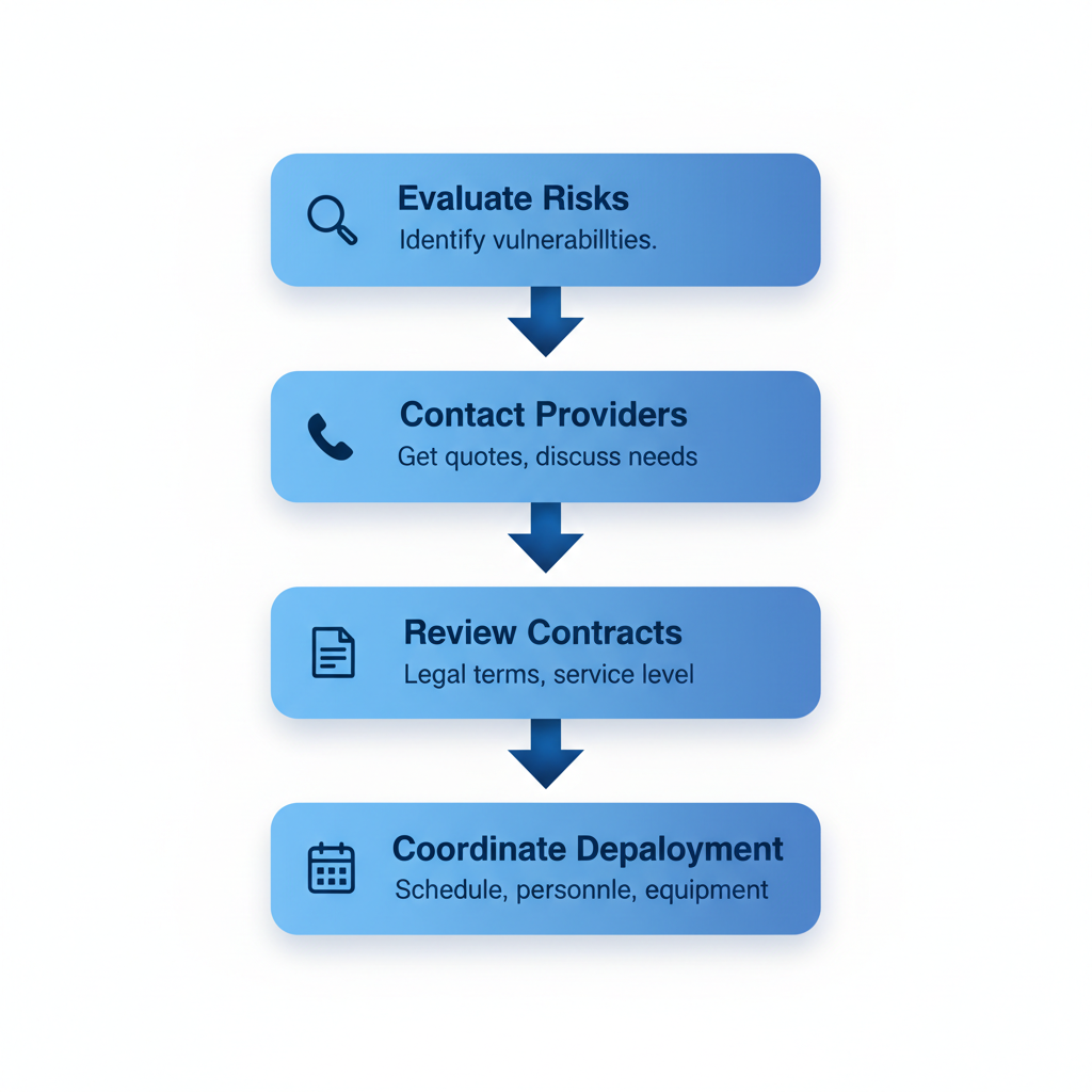 Vertical process flow diagram showing four steps to hire private security: evaluate risks, contact providers, review contracts, and coordinate deployment.