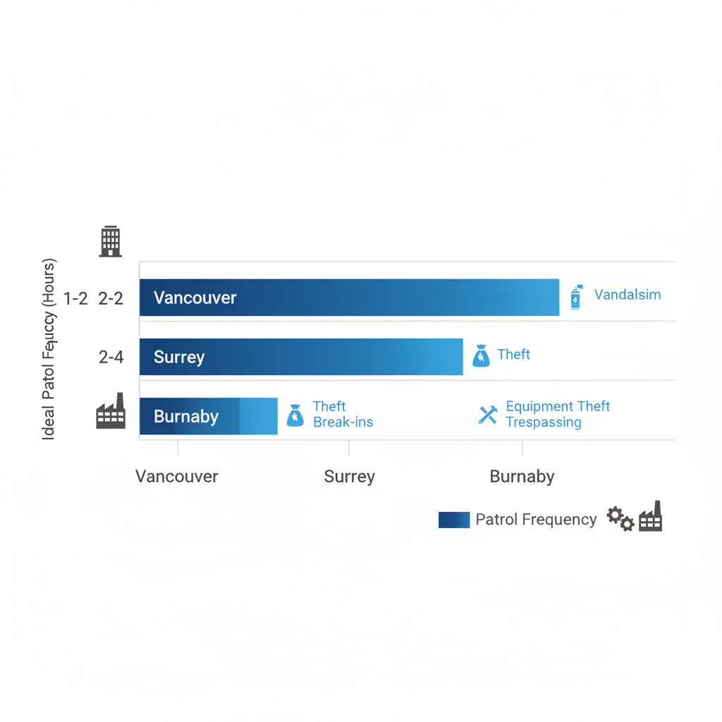 Horizontal bar chart comparing security patrol frequencies across Vancouver, Surrey, and Burnaby with icons for property types and risk labels.