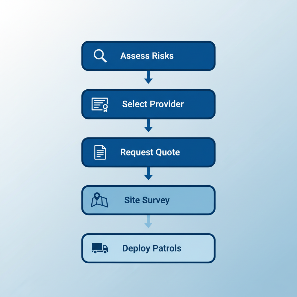 Vertical process flow diagram for initiating mobile security services with five stages and icons
