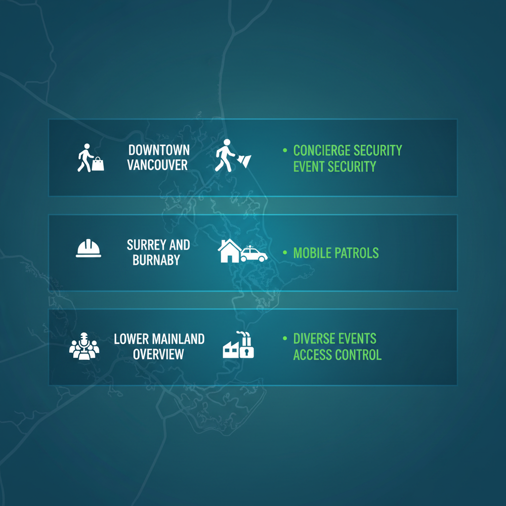 Infographic comparing security needs in Vancouver, Surrey, Burnaby, and Lower Mainland areas