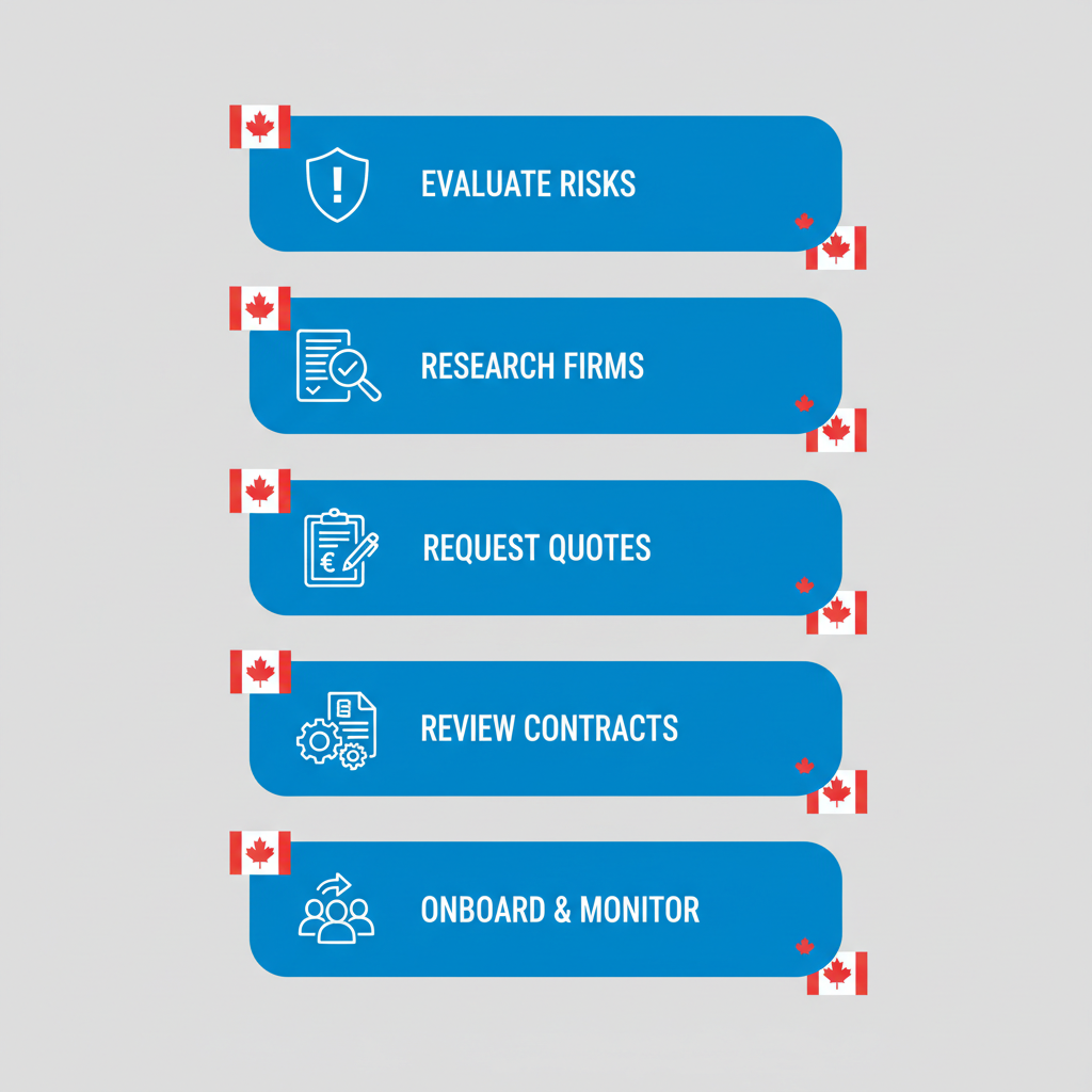 Vertical process flow diagram illustrating five steps to hire security guards in Vancouver