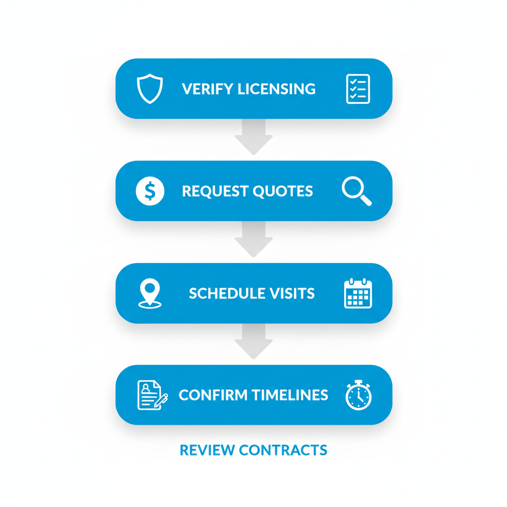 Vertical process flow diagram illustrating steps to hire security services in Surrey BC with icons and minimal labels
