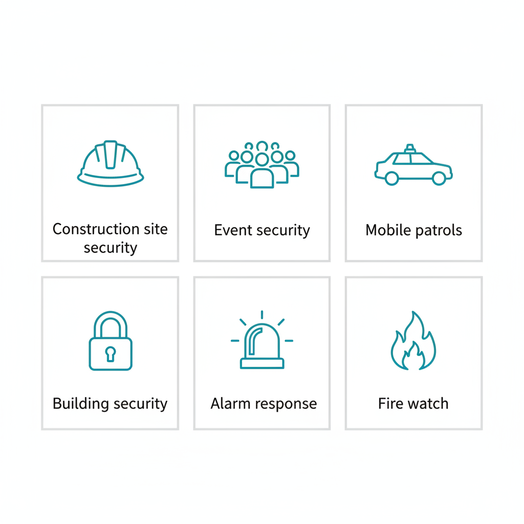 Grid of six icons representing available security services in Surrey: construction site, event, mobile patrols, building, alarm response, and fire watch.