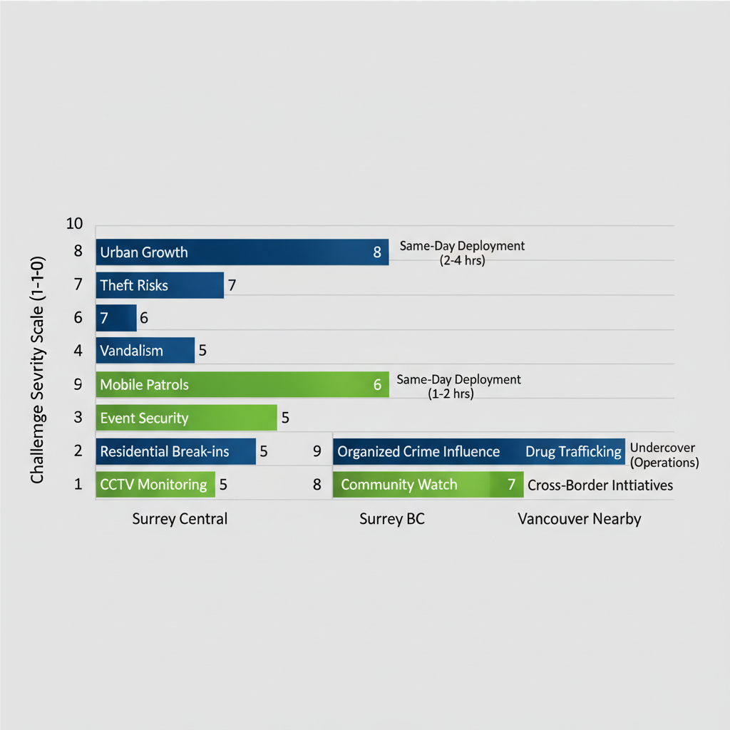 Horizontal bar chart comparing security challenge severity in Surrey areas including urban growth, theft risks, and recommended services like mobile patrols.