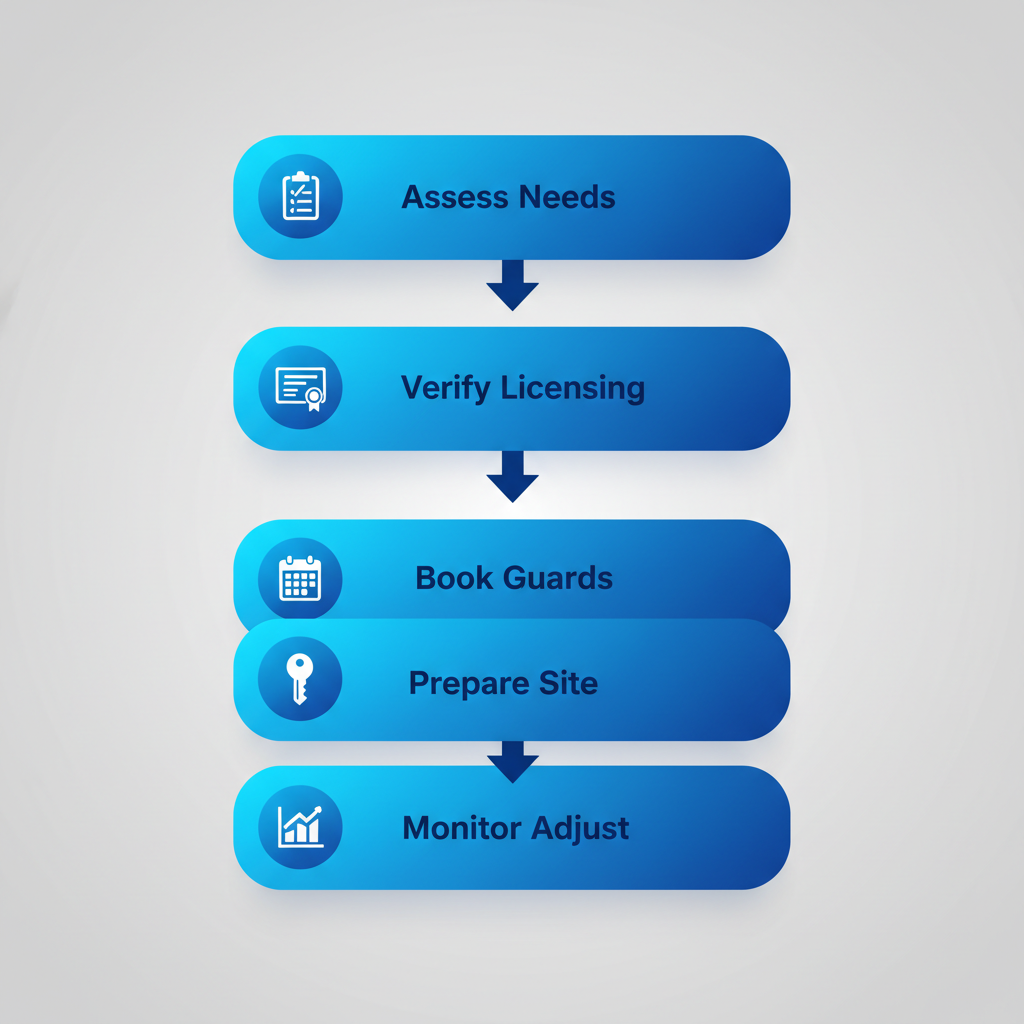 Vertical process flow diagram showing five steps to hire security services in Surrey with icons and labels.
