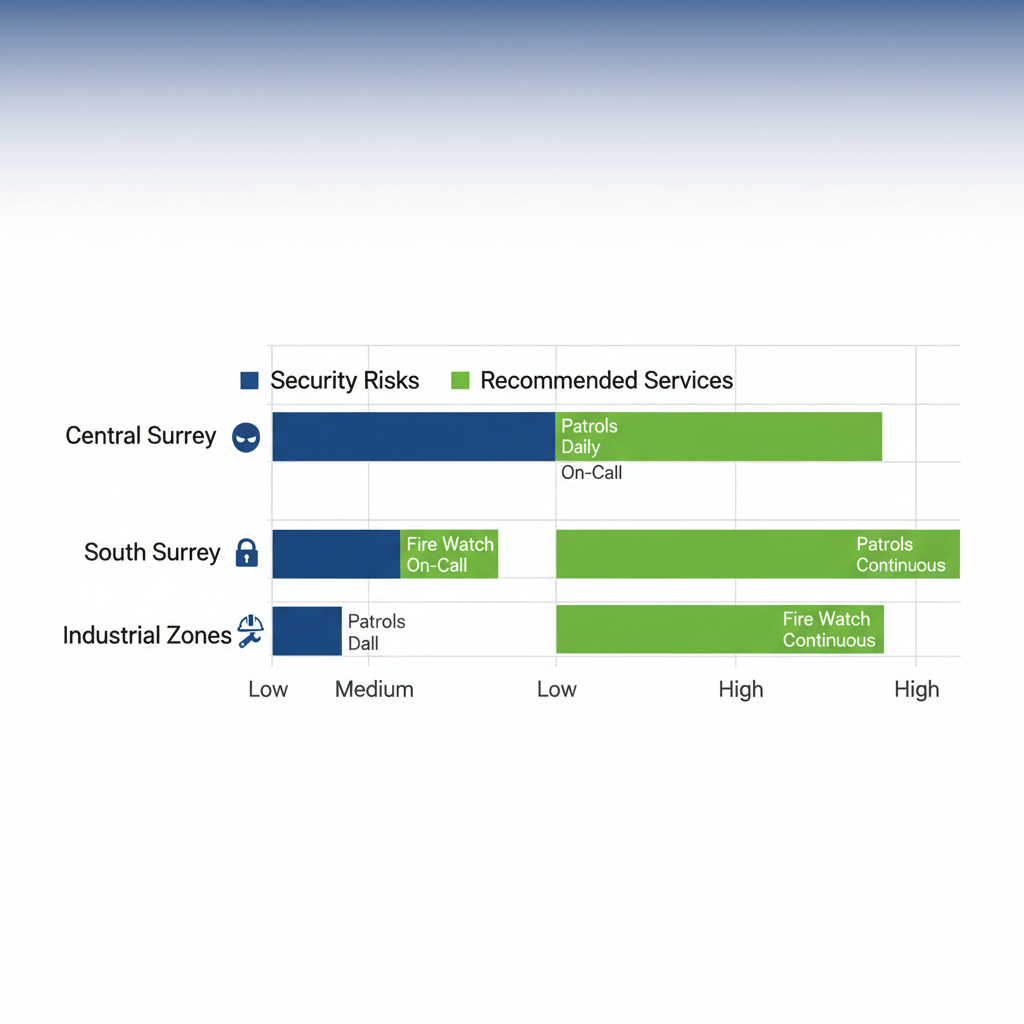 Bar chart comparing security risks and recommended services across Central Surrey, South Surrey, and Industrial Zones