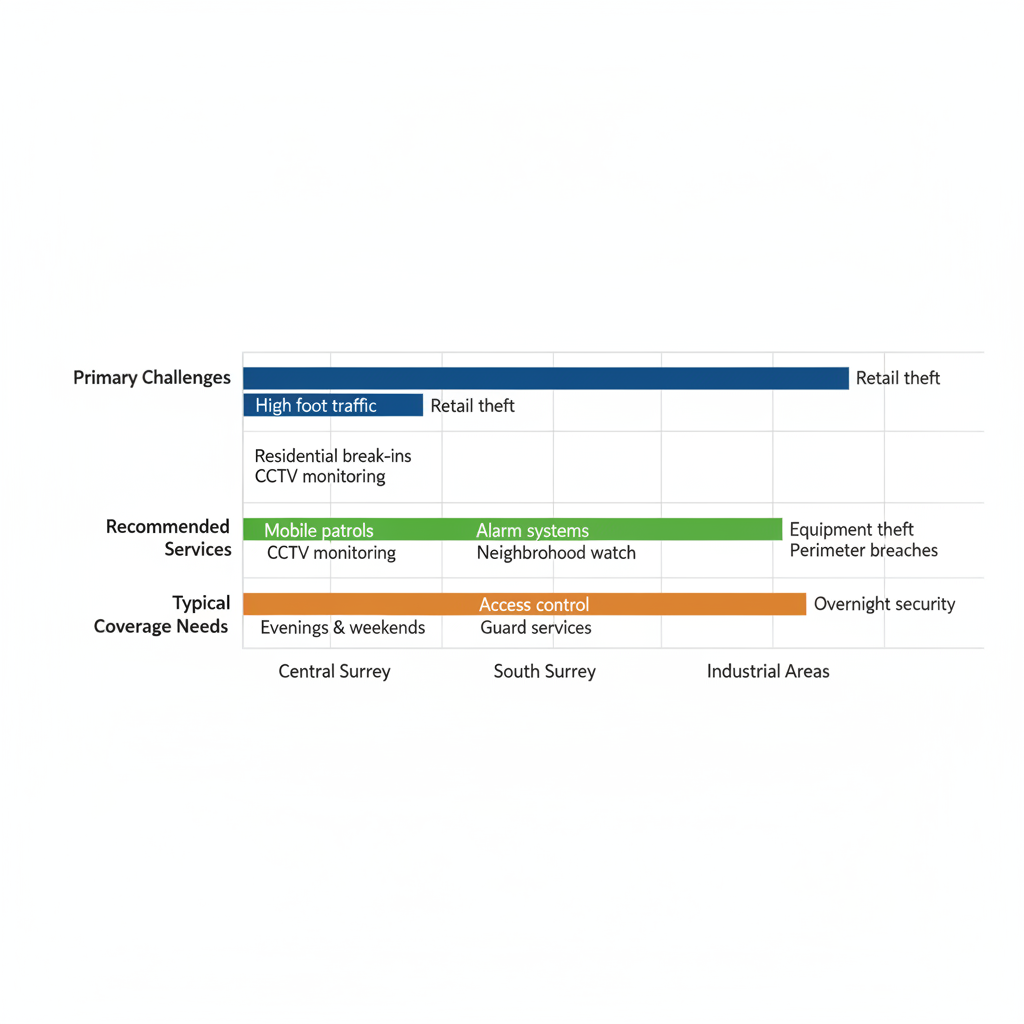 Horizontal bar chart comparing security challenges, services, and coverage needs in Central Surrey, South Surrey, and Industrial Areas neighborhoods.