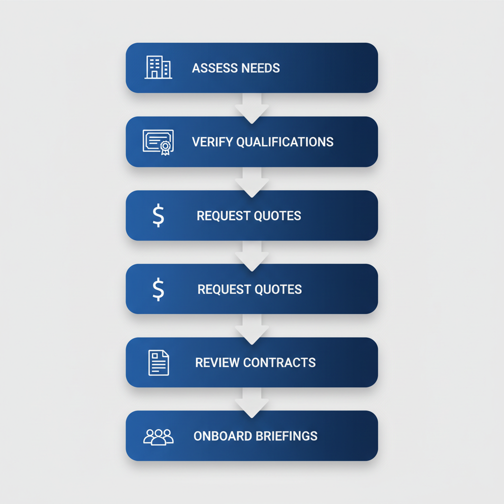 Vertical process flow diagram illustrating five steps to hire reliable security guards in Surrey: assess needs, verify qualifications, request quotes, review contracts, and onboard with briefings.