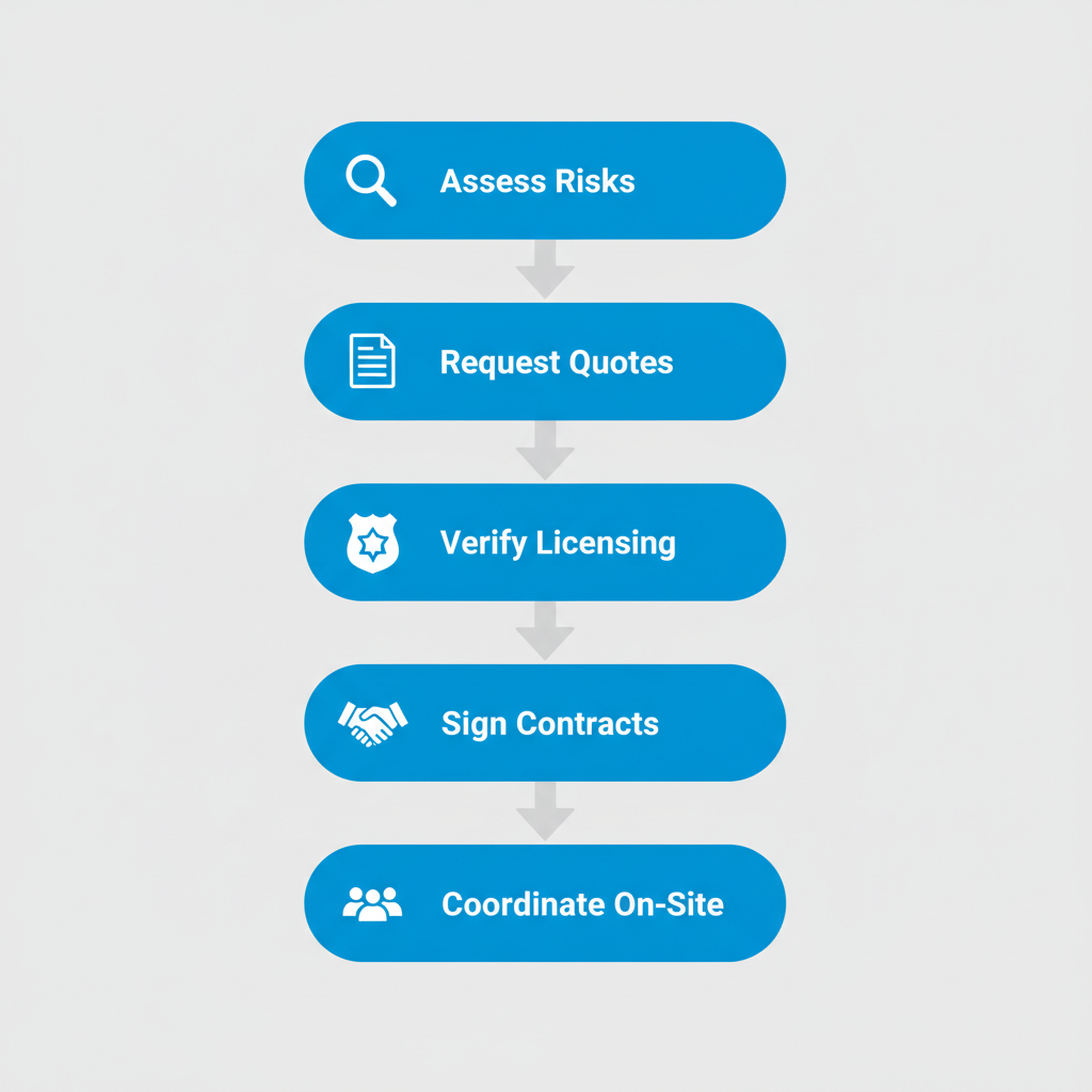 Vertical process flow diagram illustrating five steps for hiring event security in Surrey, including risk assessment, quote requests, licensing verification, contract signing, and on-site coordination with relevant icons.