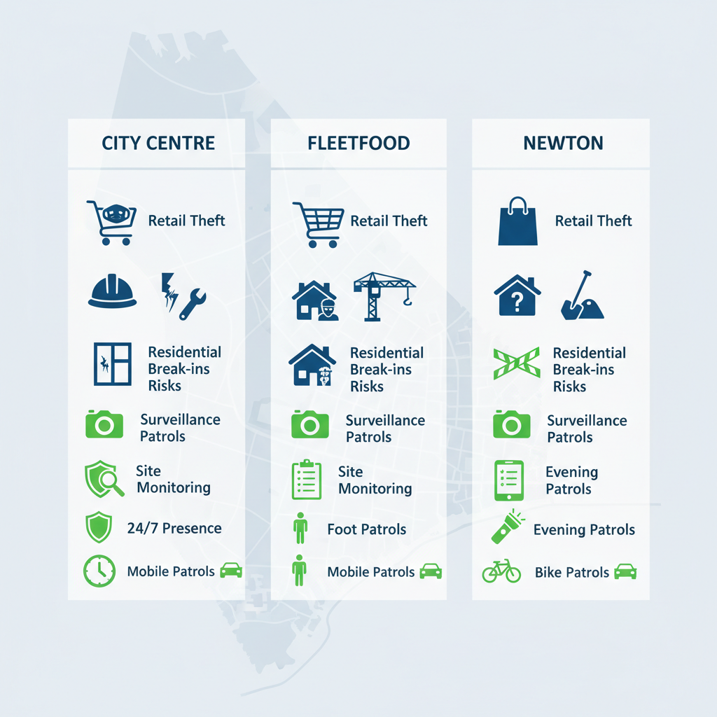 Infographic comparing security challenges, recommended services, and deployments across City Centre, Fleetwood, and Newton in Surrey.