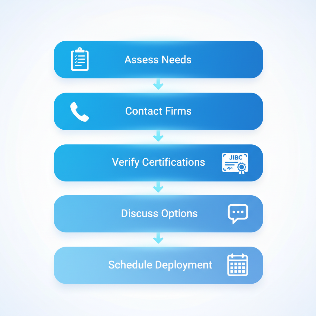 Vertical process flow illustrating five steps to hire security guards in Surrey: assess needs with clipboard, contact firms with phone, verify certifications with certificate, discuss options with chat bubble, schedule deployment with calendar.