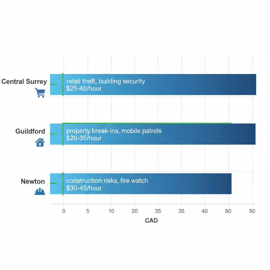 Bar chart comparing security services, risks, and hourly costs in Central Surrey, Guildford, and Newton neighborhoods.