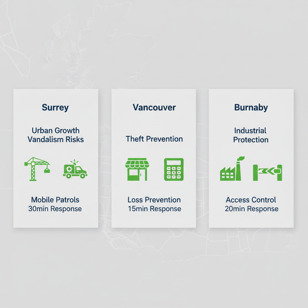 Infographic comparing security services and response times in Surrey, Vancouver, and Burnaby with icons and minimal labels