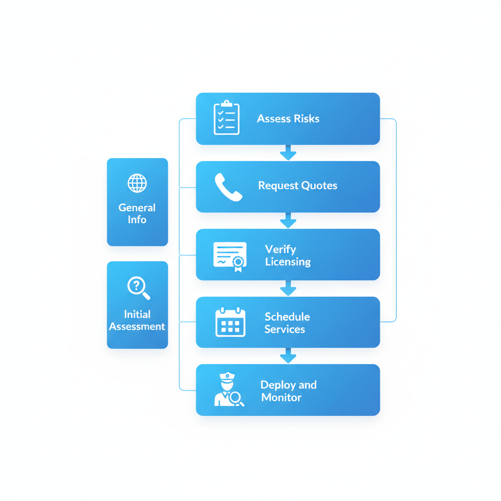 Vertical process flow diagram showing five key steps to hire security services in Surrey with icons and minimal labels.